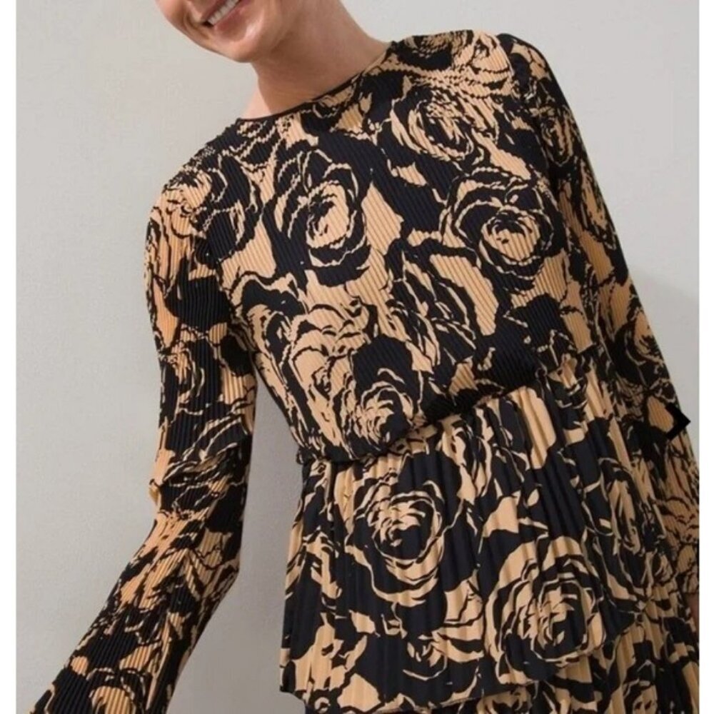 💕CHICO'S BLACK LABEL💕 Tiered Pleated Dress Abstract Floral Neutral Combo NWOT - Picture 3 of 11